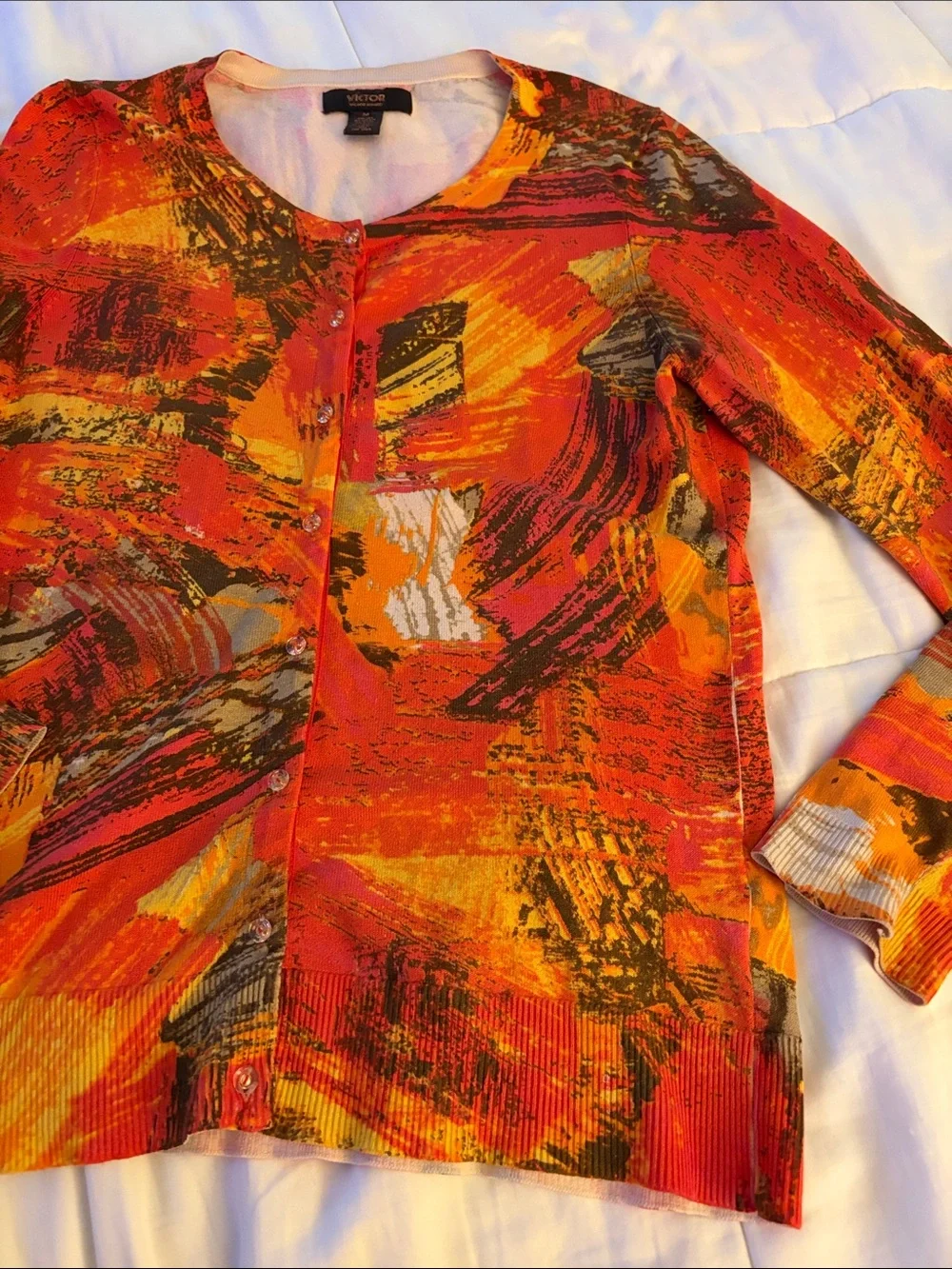 Vintage Victor Alfaro Orange/Brown Abstract Knit Cardigan Size M Silk Blend